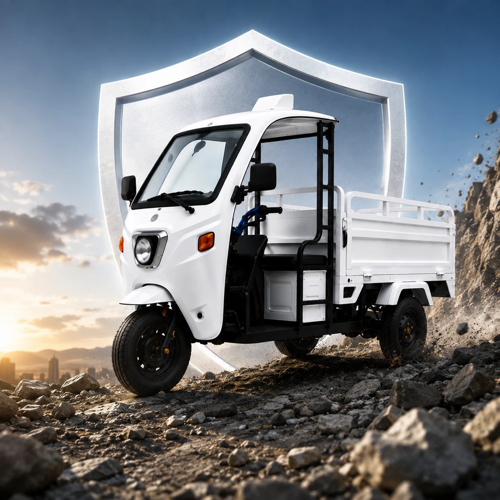 KAFE cargo EV climbing rocky terrain in front of a steel shield