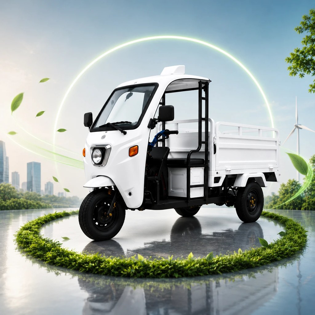 KAFE cargo EV ringed by green leaves against a clean city skyline with wind turbines