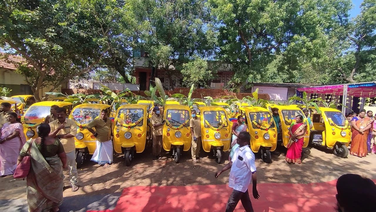 Garlanded KAFE 300+ vehicles lined up with their drivers on delivery day